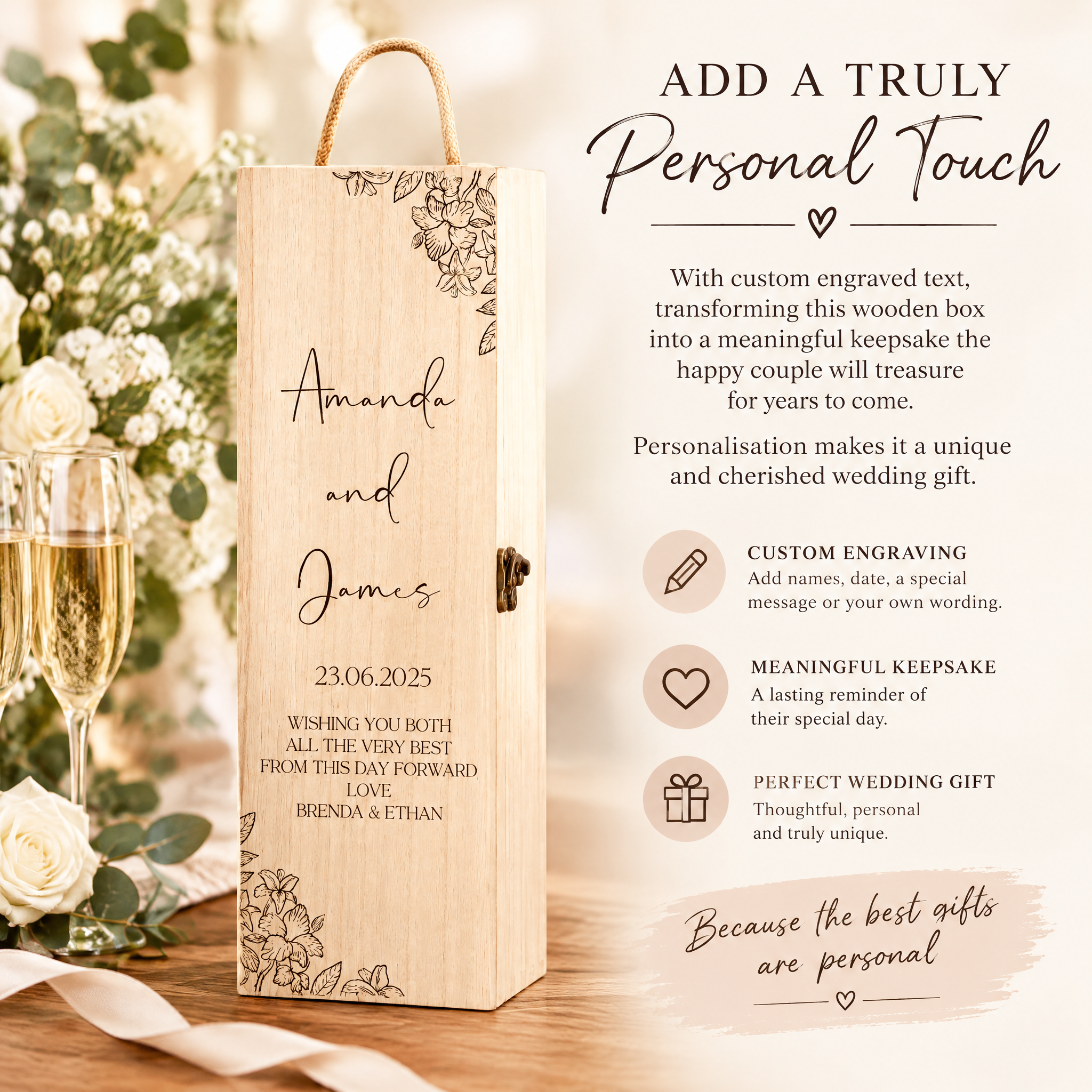 Personalised Wedding Wine Box, Floral Wooden Gift For The Couple Champagne Bottle Holder ukgiftstoreonline