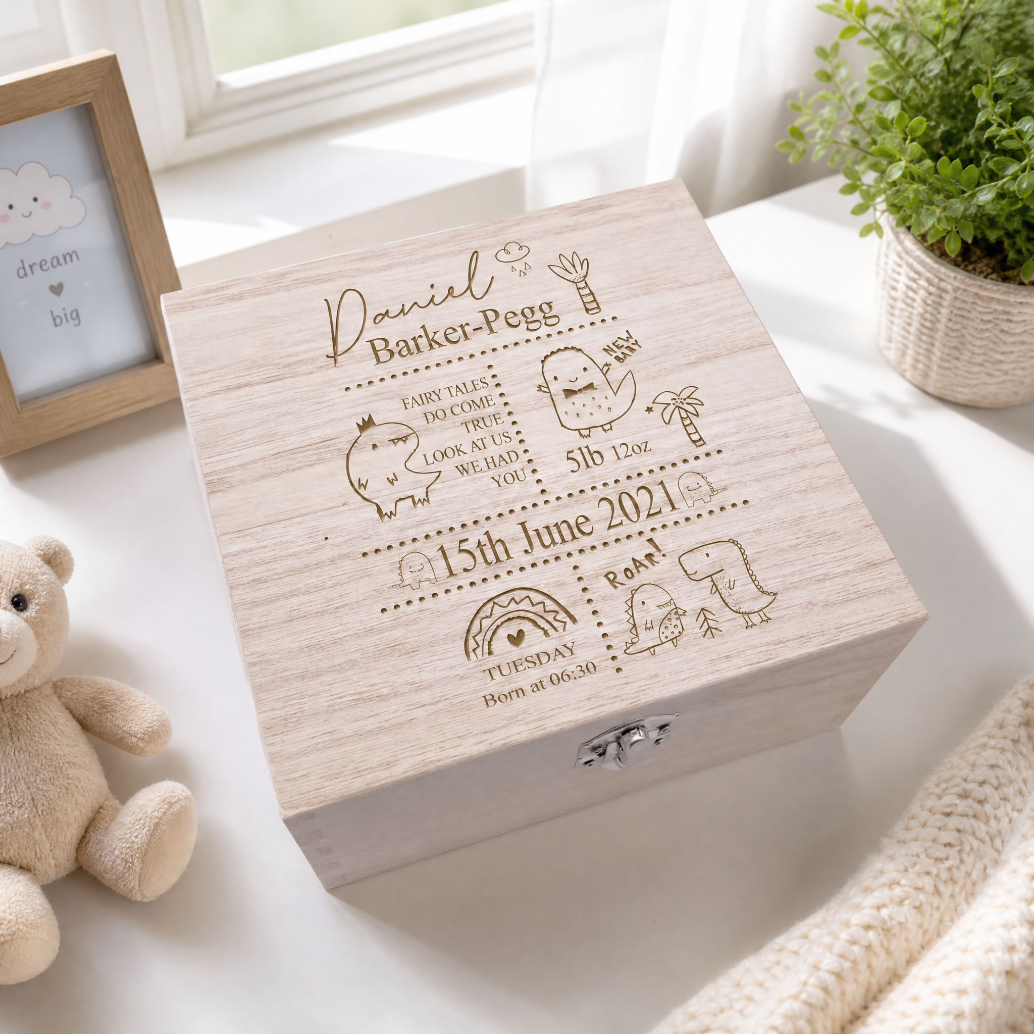 Personalised baby Memory Box Gift With birth Details Dinosaur Design Personalised baby gifts ukgiftstoreonline