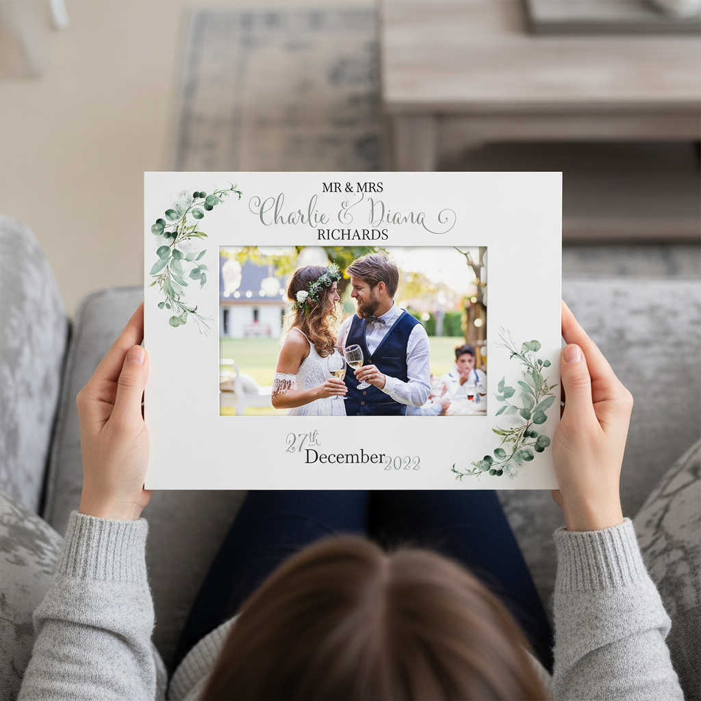 Personalised Wedding Day Photo Frame Gift With Eucalyptus Leaves