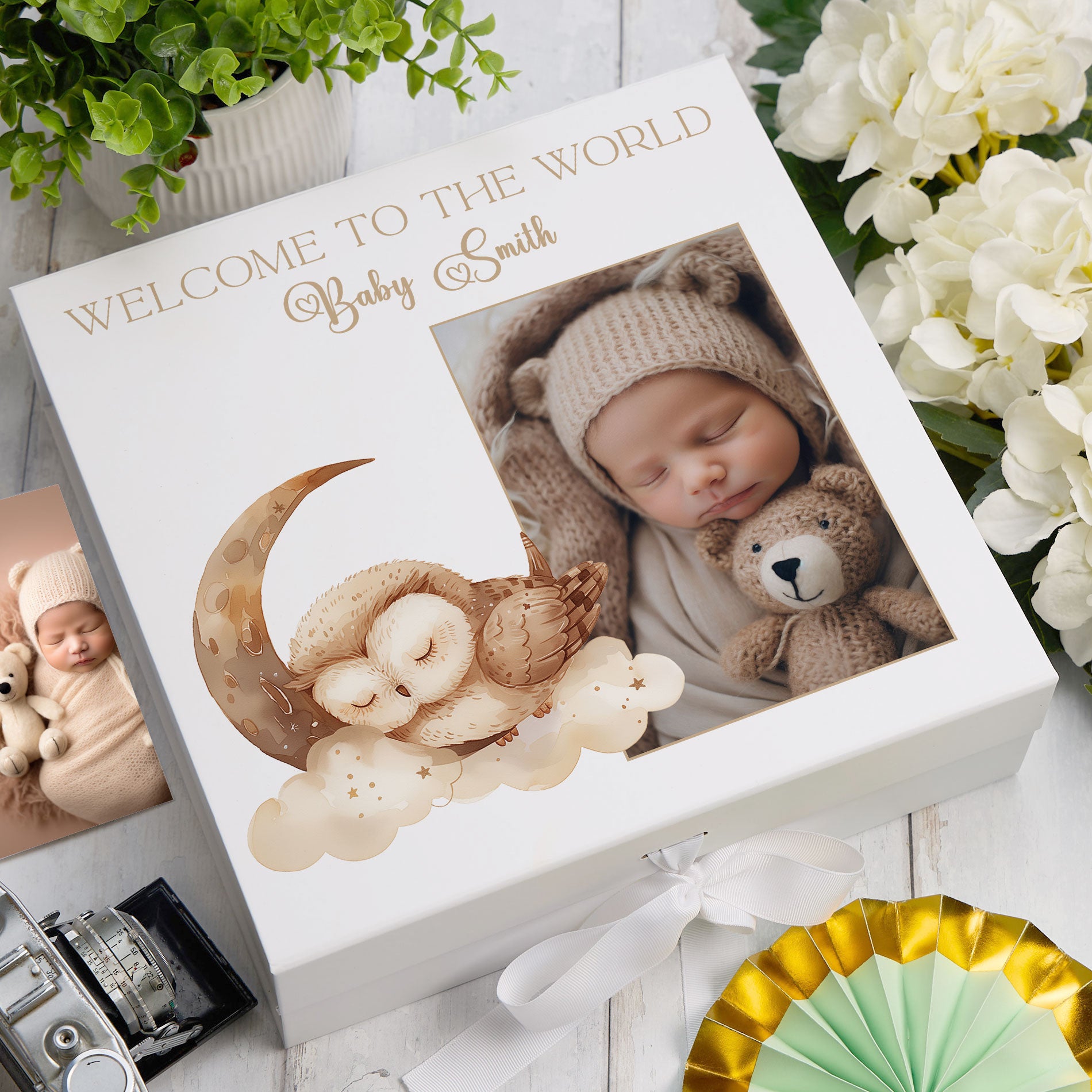 Personalised White Baby Memory Box, Cute Sleeping Animal Design, Keepsake For Special and Favourite Mementos