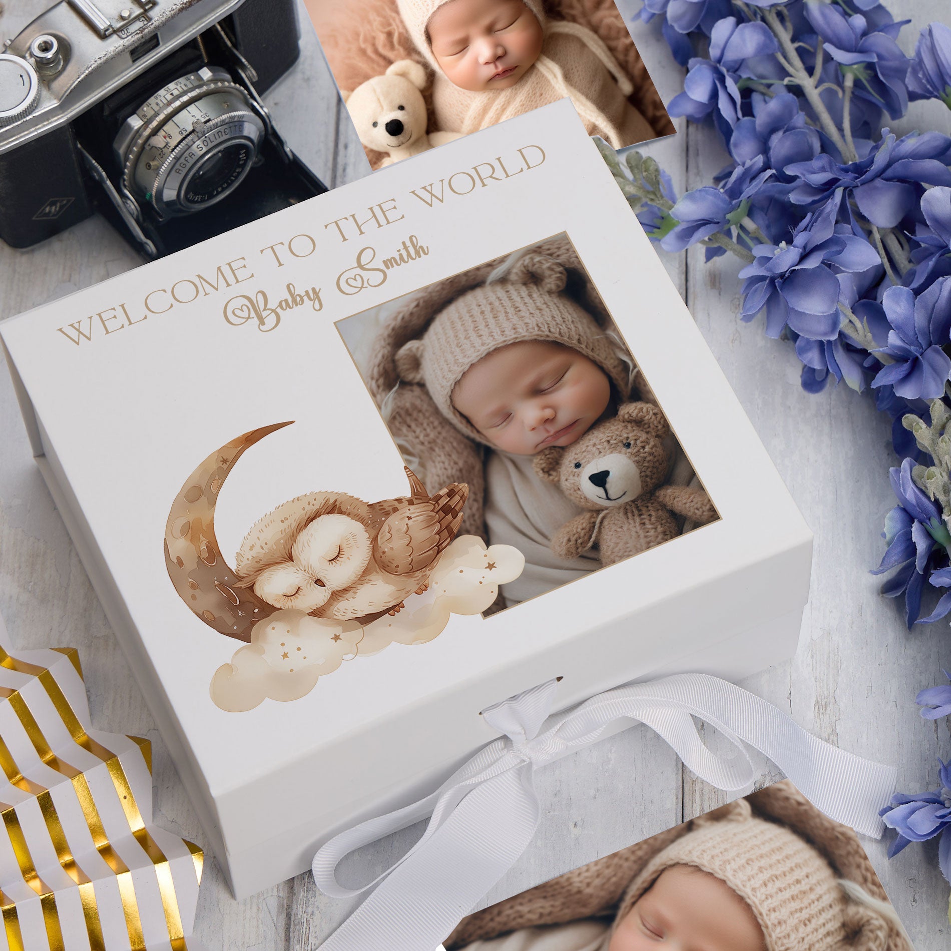 Personalised White Baby Memory Box, Cute Sleeping Animal Design, Keepsake For Special and Favourite Mementos