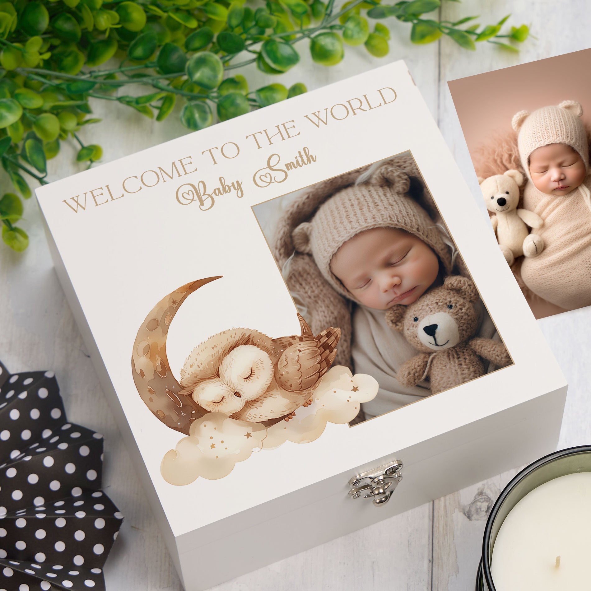 Personalised White Baby Memory Box, Cute Sleeping Animal Design, Keepsake For Special and Favourite Mementos