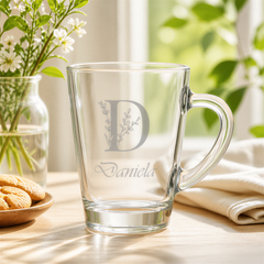 Personalised Glass Mug, Engraved Name Leaf Alphabet, 280Cc Tea Cup Personalised Birthday Gift ukgiftstoreonline