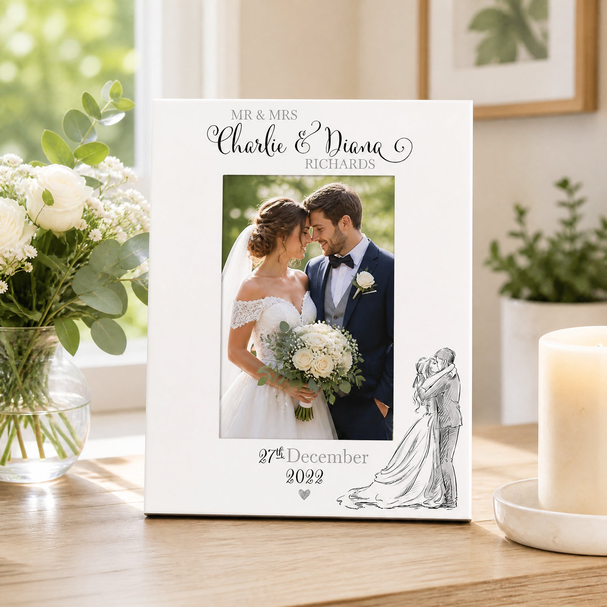 Personalised Wedding Day Wooden Photo Frame Gift With Sketch Couple Photo Frame ukgiftstoreonline