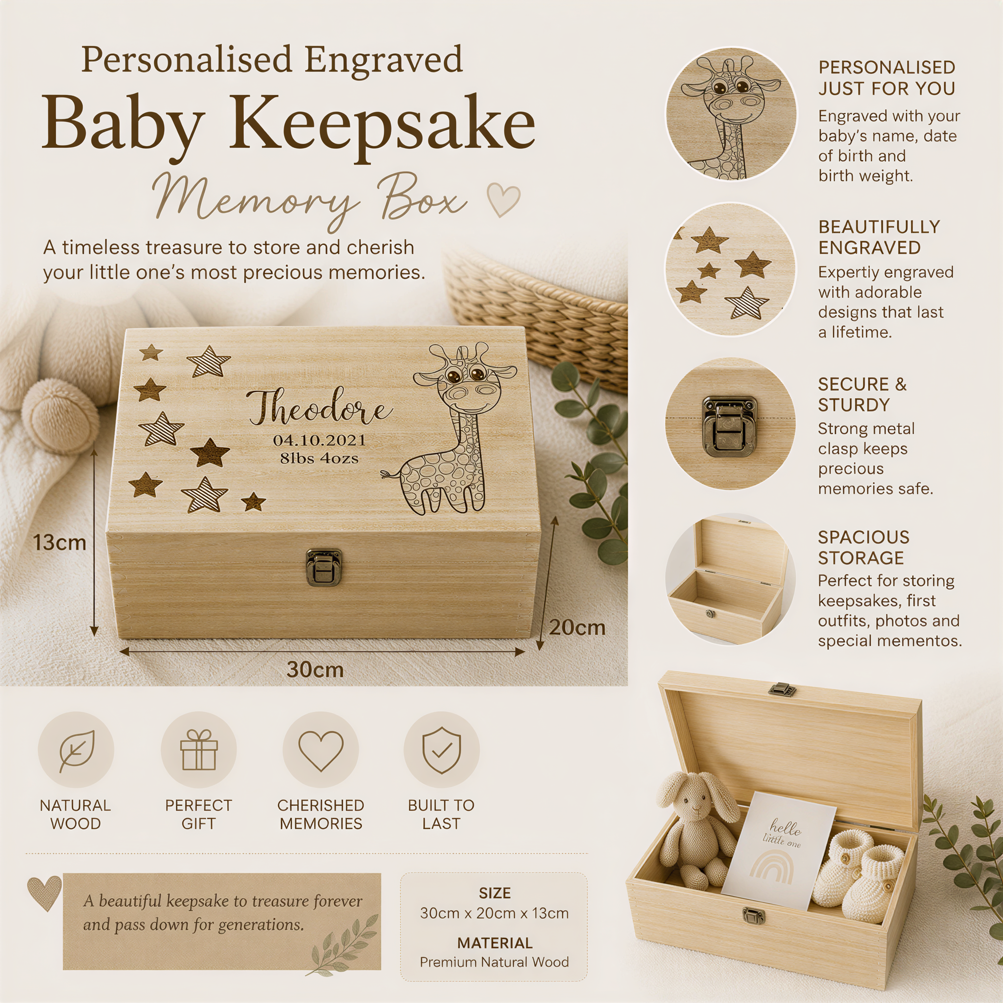 Personalised Baby Gift Wooden Memory Keepsake box Giraffe and Stars Baby Product ukgiftstoreonline