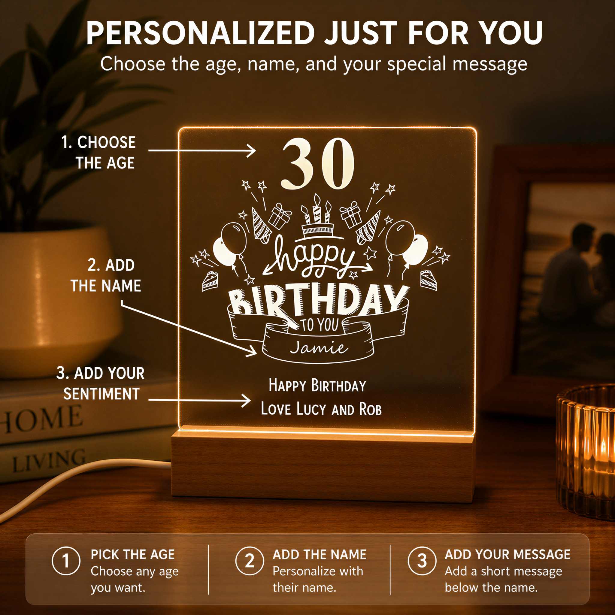Personalised 30th Birthday LED Night Lamp Keepsake Gift Balloon Design Personalised Lights ukgiftstoreonline
