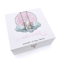 Personalised Baby Girl Gift White Wooden Keepsake Memory Storage Box Elephant On Swing