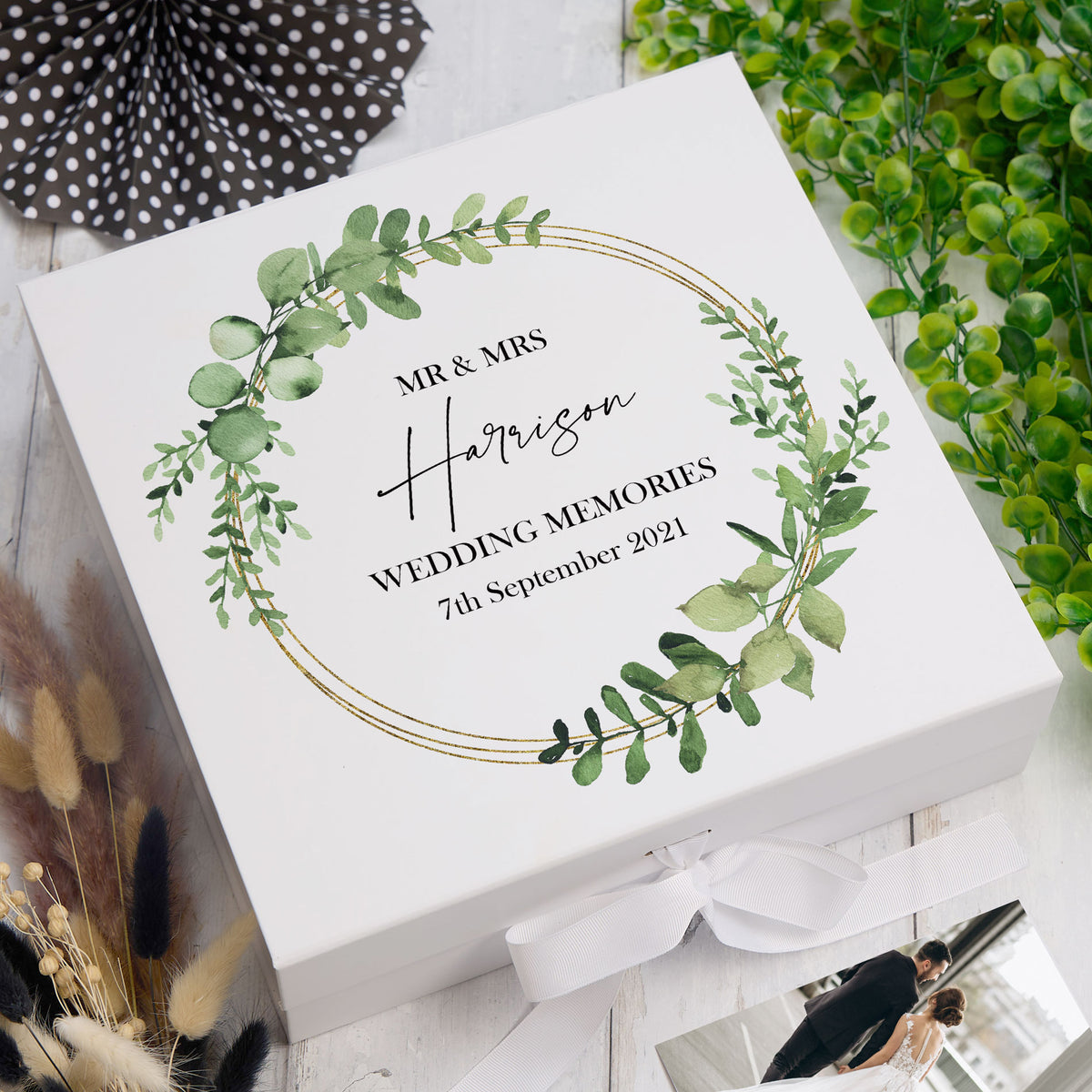 Personalised Wedding Keepsake Box Gift With Eucalyptus and Gold Wreath