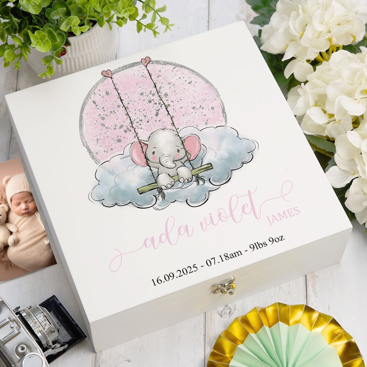 Personalised Baby Girl Gift White Wooden Keepsake Memory Storage Box Elephant On Swing