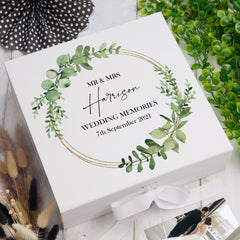 Personalised Wedding Keepsake Box Gift With Eucalyptus and Gold Wreath
