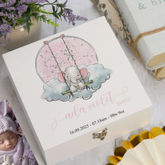 Personalised Baby Girl Gift White Wooden Keepsake Memory Storage Box Elephant On Swing