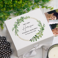 Personalised Wedding Keepsake Box Gift With Eucalyptus and Gold Wreath