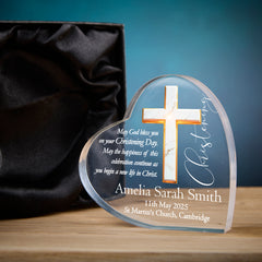 Personalised Christening Heart Block With Marble Cross In Gift Box