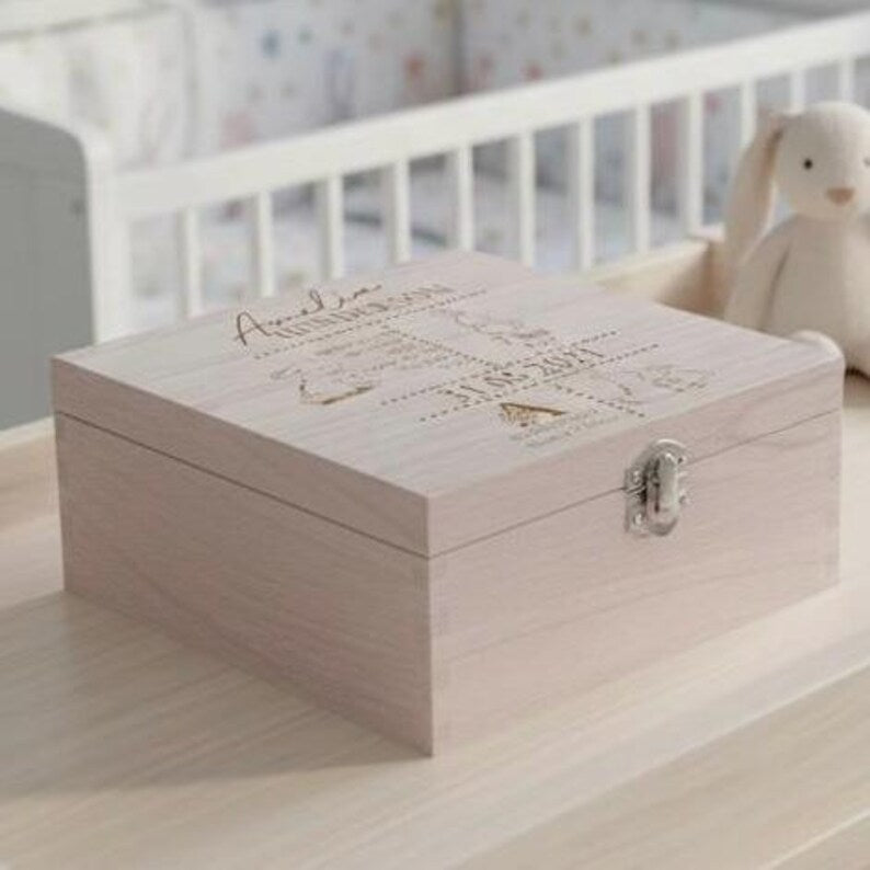 Personalised baby Wooden Memory Box Gift With birth Details