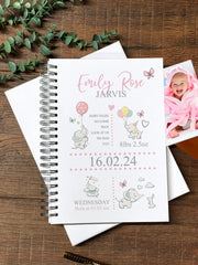 Large Baby Girl Memories Photo Album Scrapbook With Birth Details and Elephants