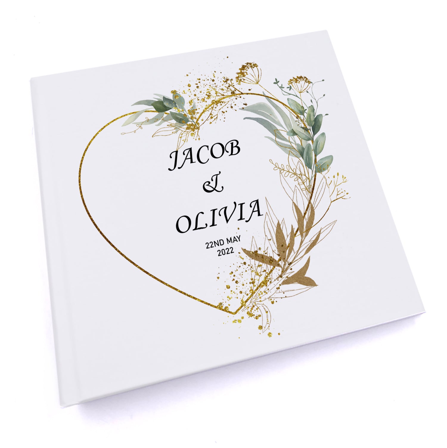 Personalised Wedding Photo Album Gift Gold Green Wreath Heart