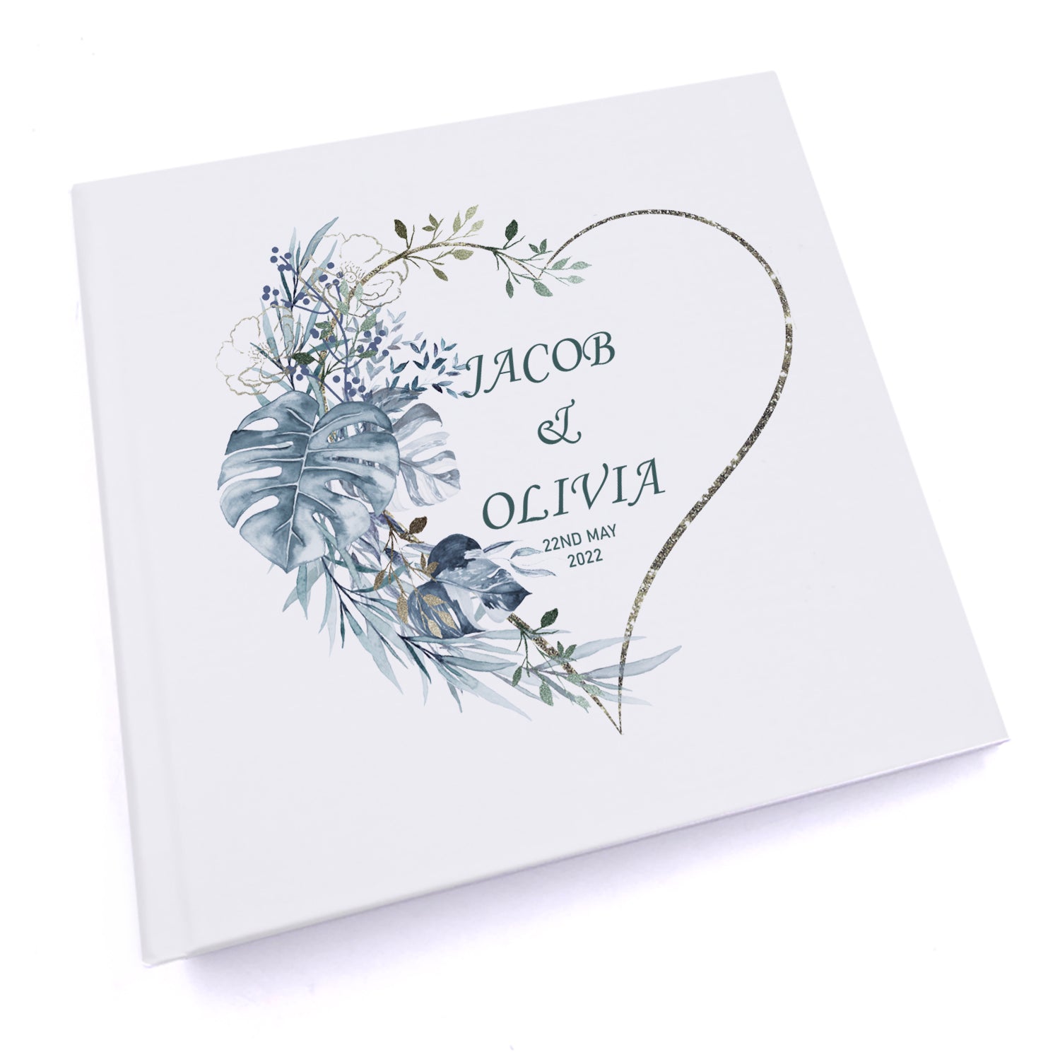 Personalised Wedding Photo Album Gift Blue Tropical Leaves Heart