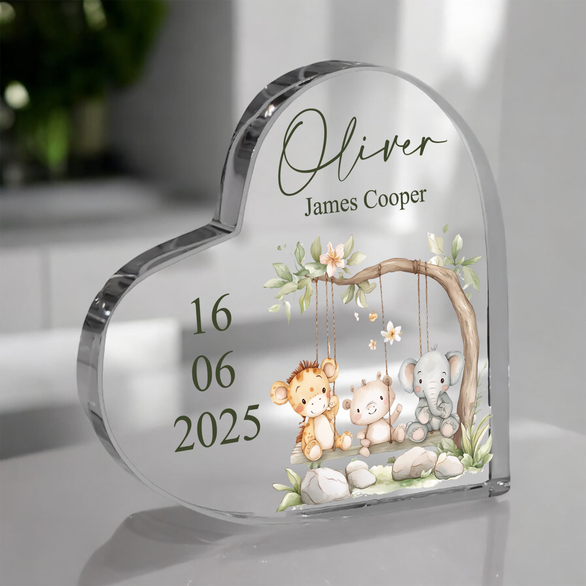 Personalised Newborn Gift Baby Heart-Shaped Acrylic Plaque Custom Keepsake with Animals