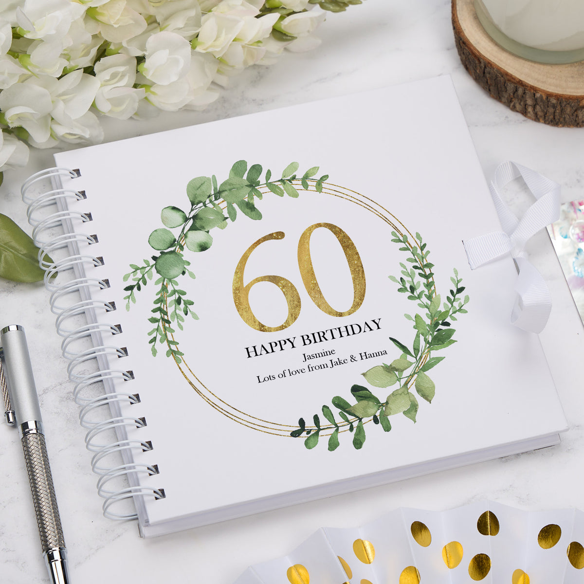 Personalised 60th Birthday Gift for her Scrapbook Photo Album Gold Wreath