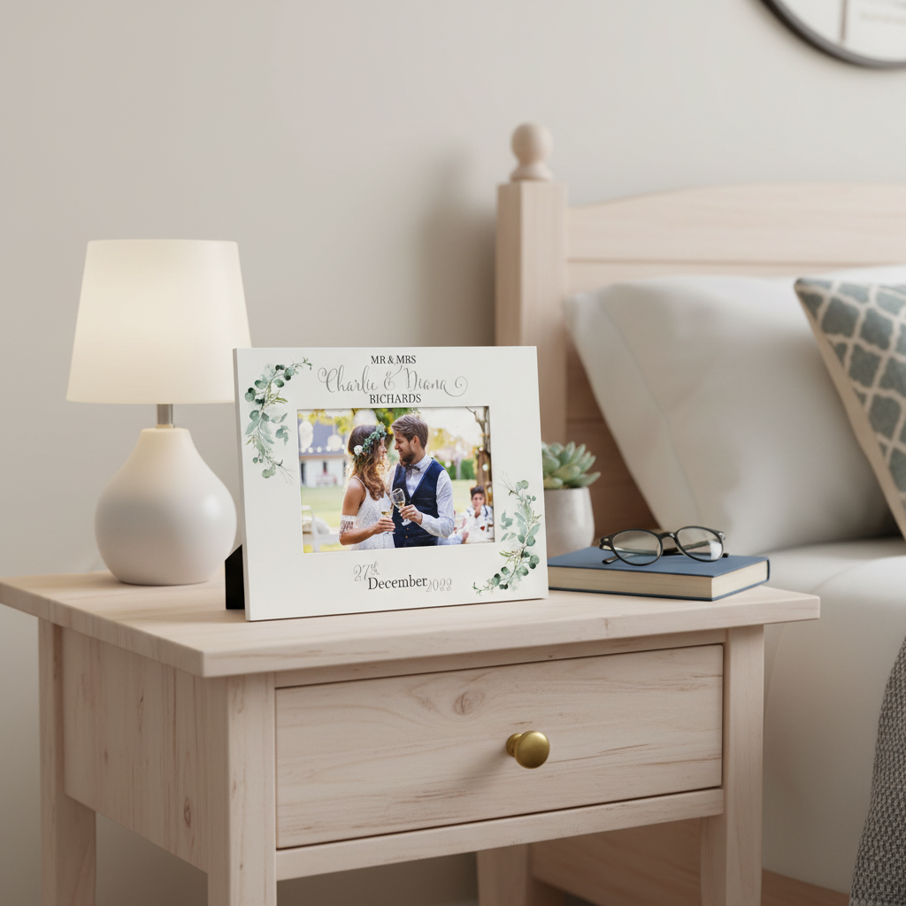 Personalised Wedding Day Photo Frame Gift With Eucalyptus Leaves