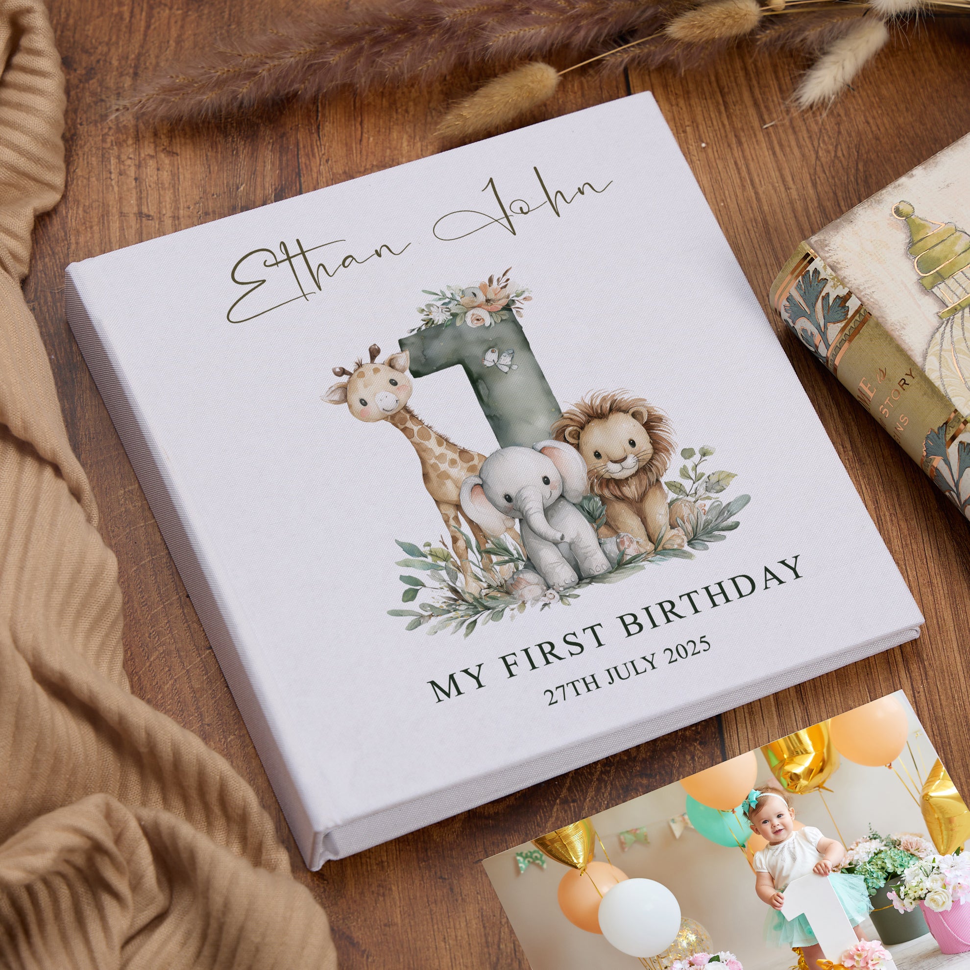 Large Personalised Book Bound My First Birthday Photo Album Safari Animals Design photo album ukgiftstoreonline