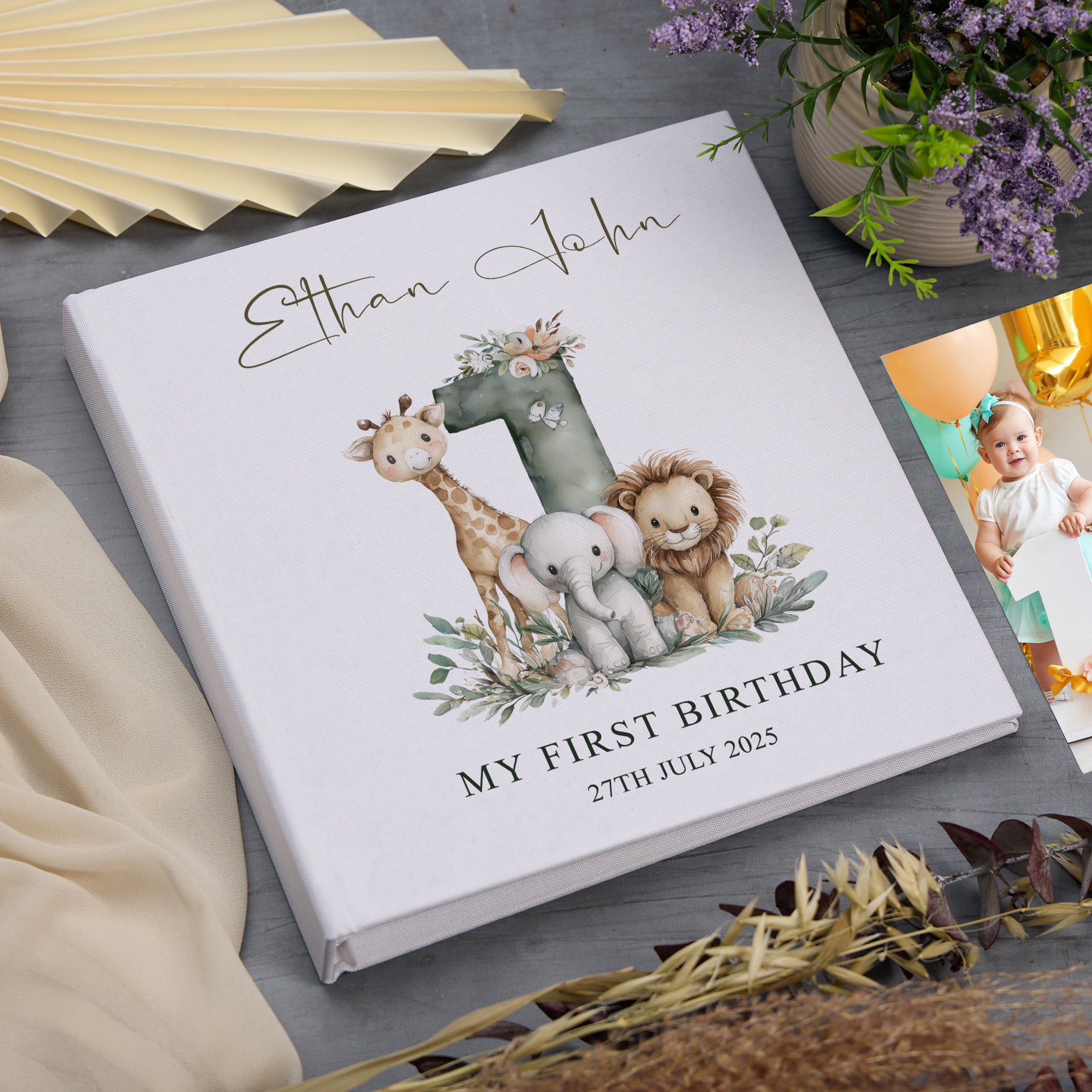 Large Personalised Book Bound My First Birthday Photo Album Safari Animals Design photo album ukgiftstoreonline