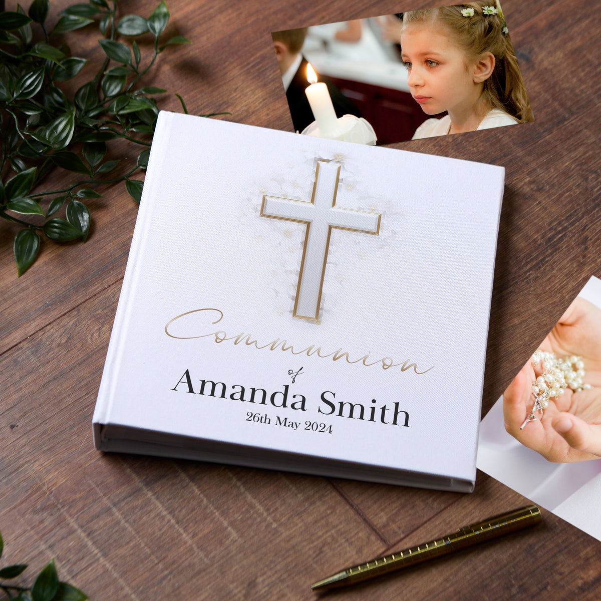 Large Book Bound Personalised Communion Photo Album With Silver Cross