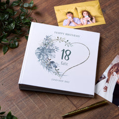 Large Book Bound Personalised Any Age Birthday Photo Album With Blue Tropical Palm Heart