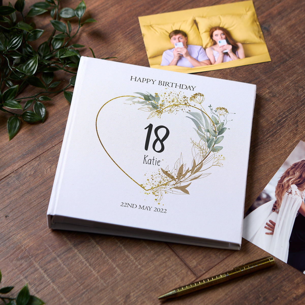Large Book Bound Personalised Any Age Birthday Photo Album With Gold Green Heart