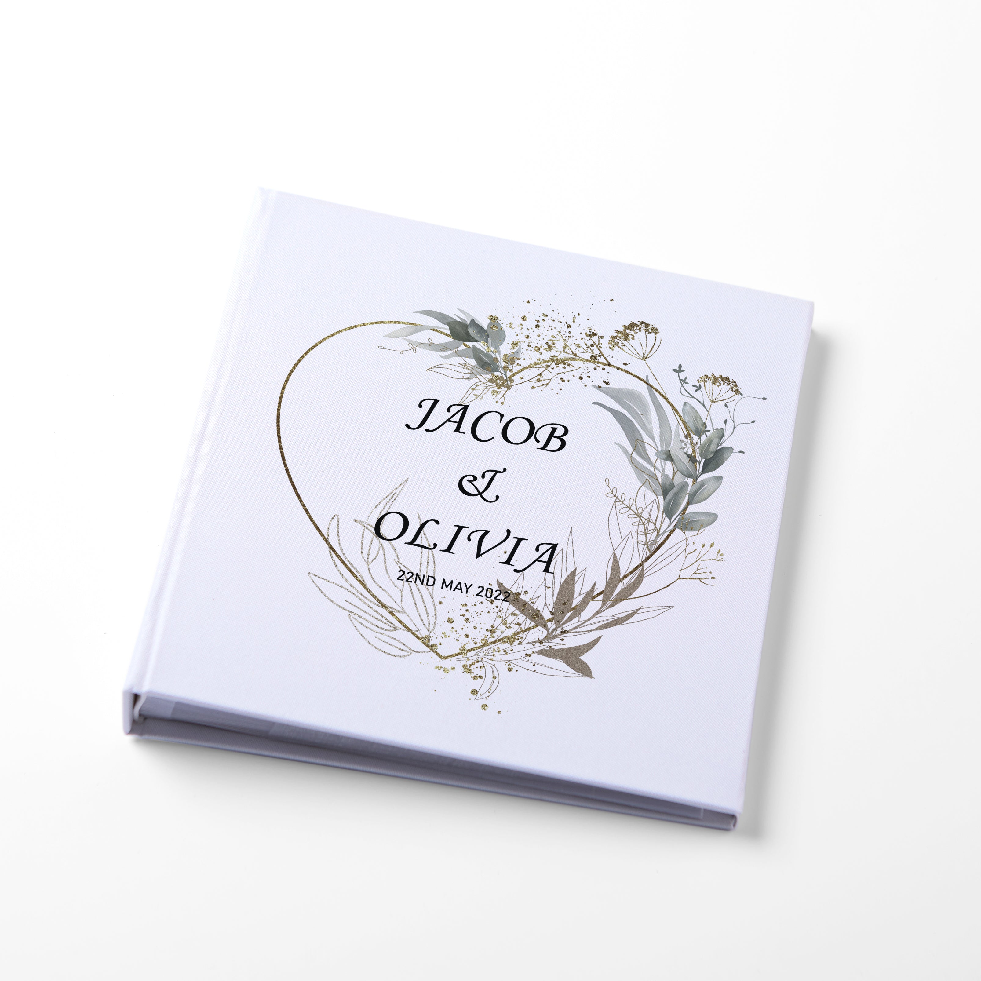 Large Traditional Book Bound Personalised Wedding Photo Album With Green, Silver and Gold Heart