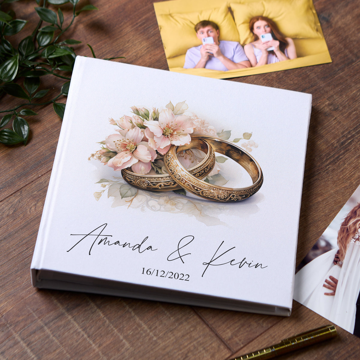 Large Book Bound Personalised Wedding Photo Album With Floral Rings