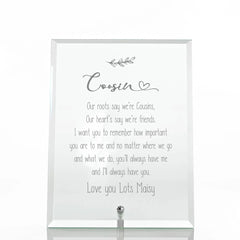 Personalised Cousin Keepsake Gift Glass Plaque With Sentiment