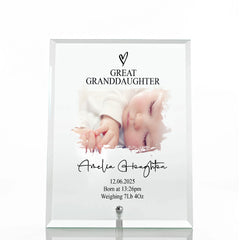Personalised Exclusive Great Granddaughter Photo Keepsake Gift Glass Plaque With Birth Details Gift