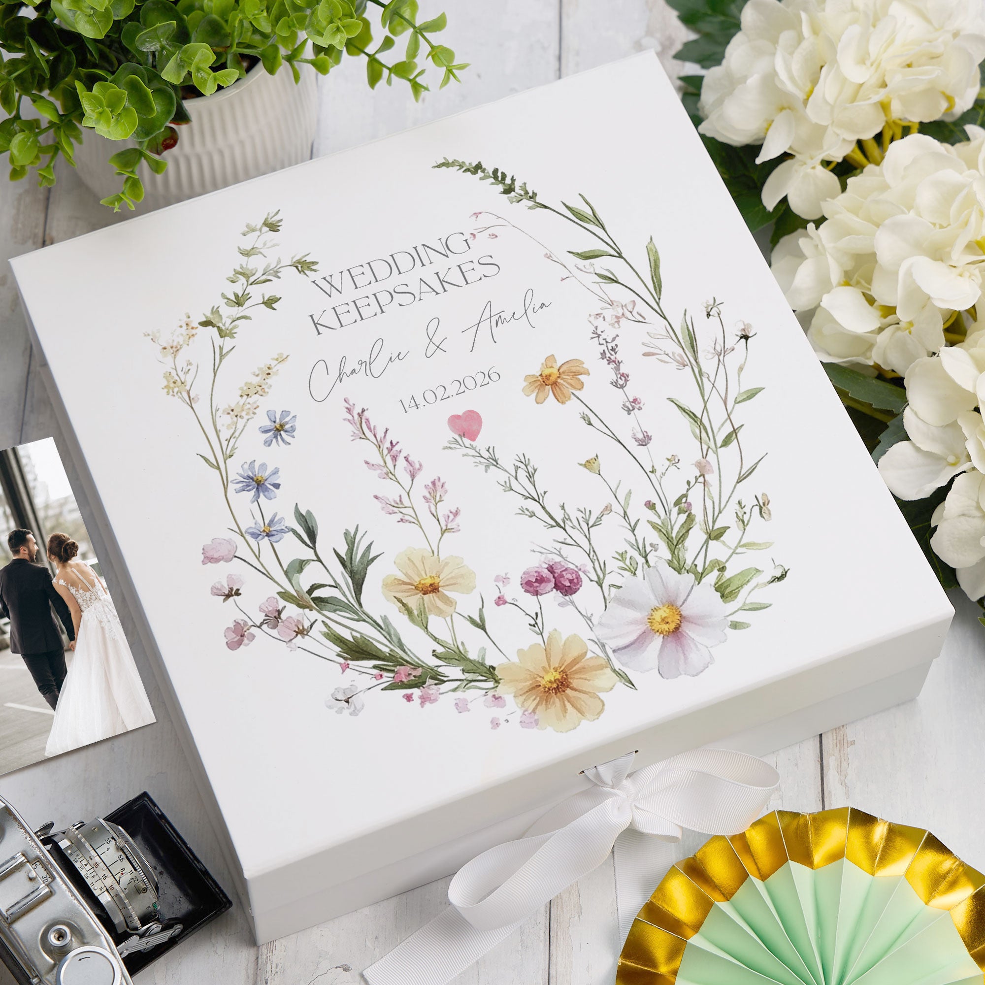 Personalised Couple Wedding Keepsake Box Delicate Floral Design ukgiftstoreonline Ribbon Box Large
