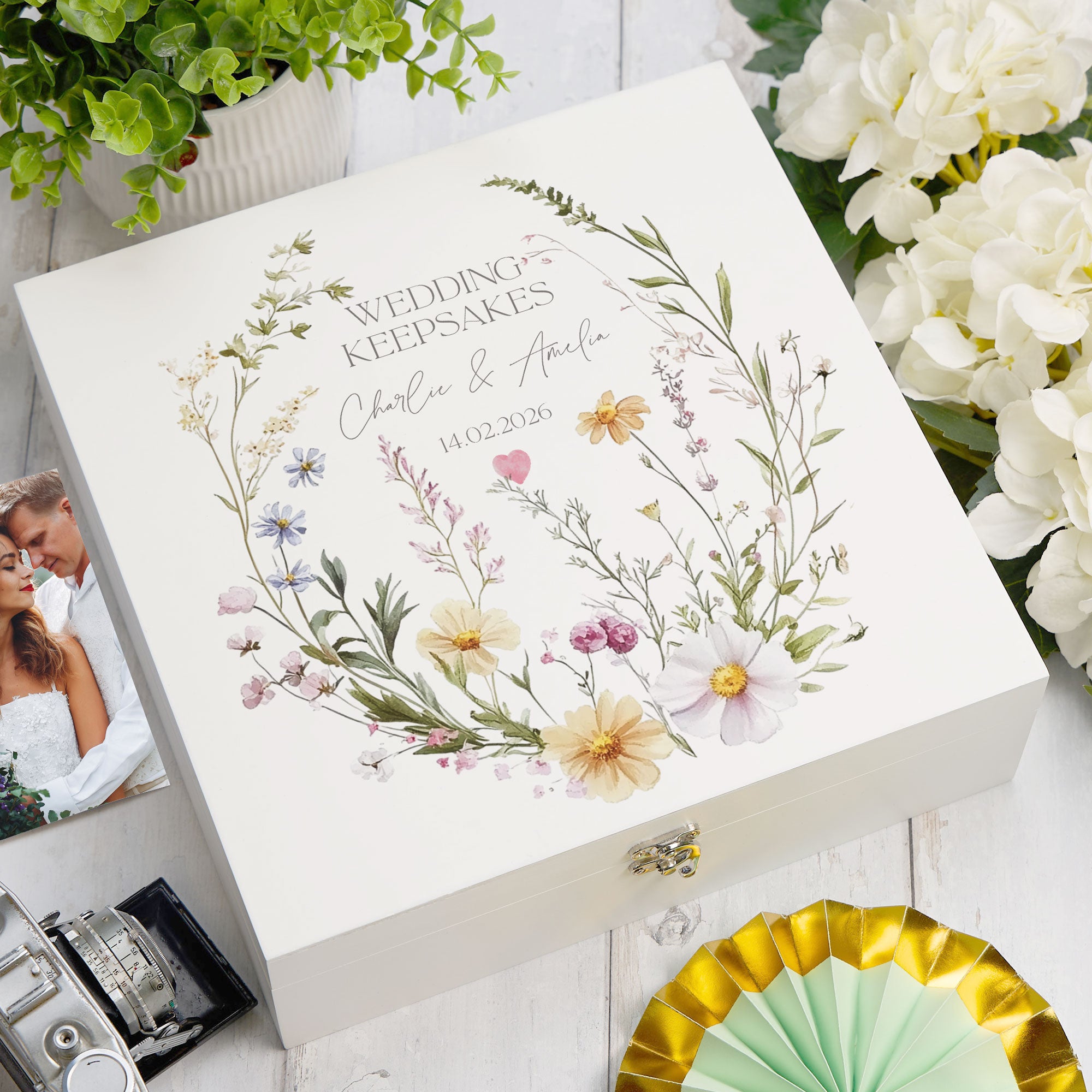 Personalised Couple Wedding Keepsake Box Delicate Floral Design ukgiftstoreonline Wooden Box Large