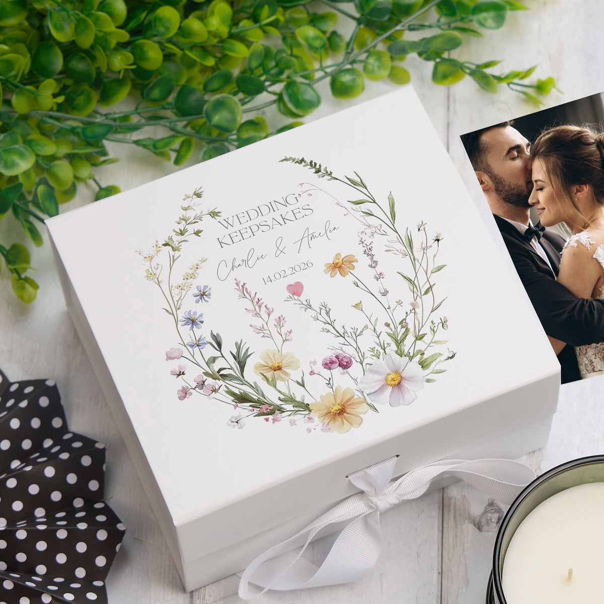 Personalised Couple Wedding Keepsake Box Delicate Floral Design ukgiftstoreonline Ribbon Box Medium