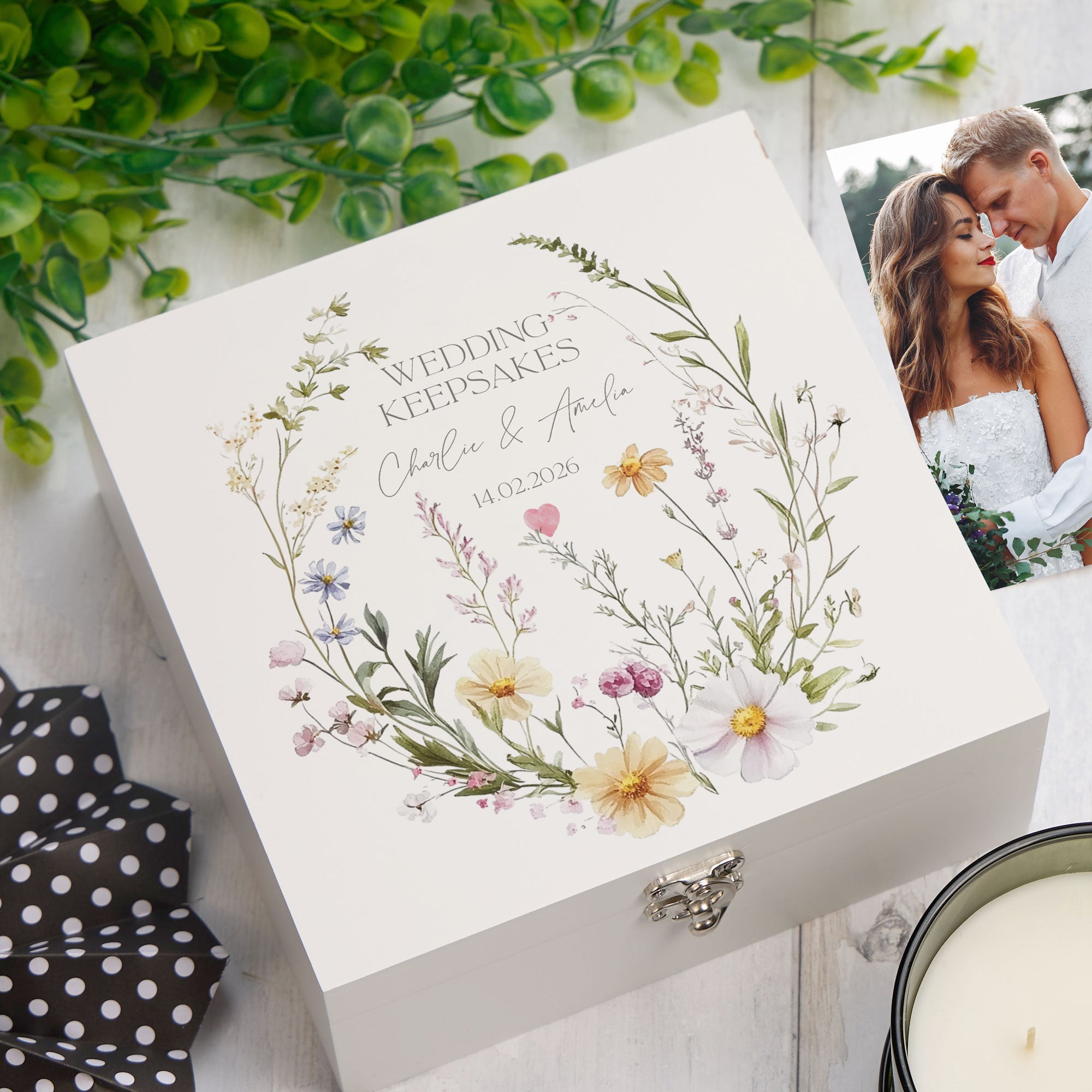 Personalised Couple Wedding Keepsake Box Delicate Floral Design ukgiftstoreonline Wooden Box Medium