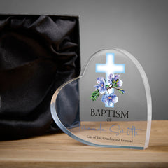 Personalised Baptism Heart Block With Blue Floral Cross In Gift Box