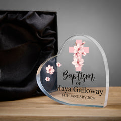 Personalised Baptism Heart Block With Pink Magnolia Cross In Gift Box