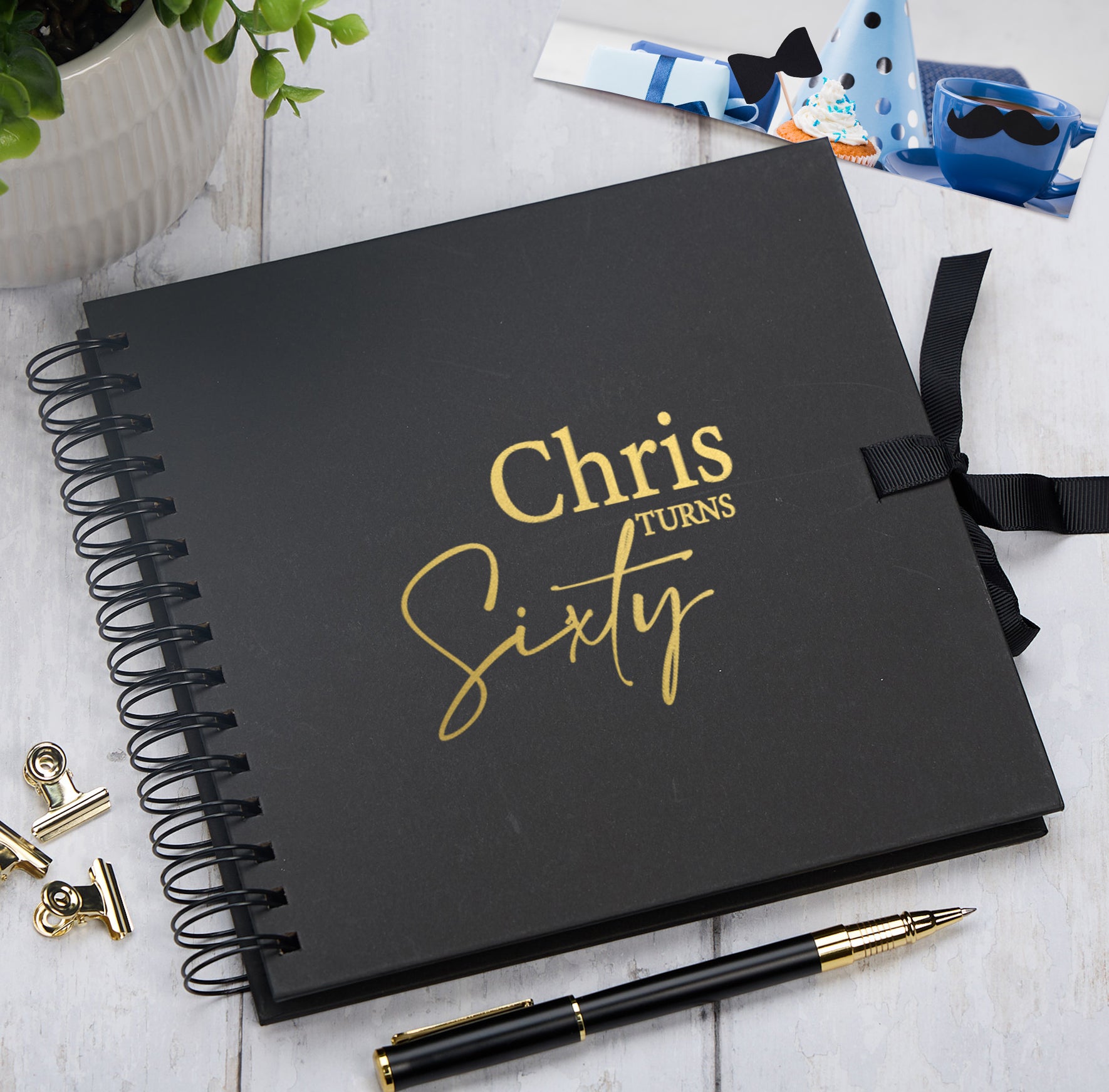 60th Birthday Black Scrapbook, Guest Book Or Photo Album With Gold Accents