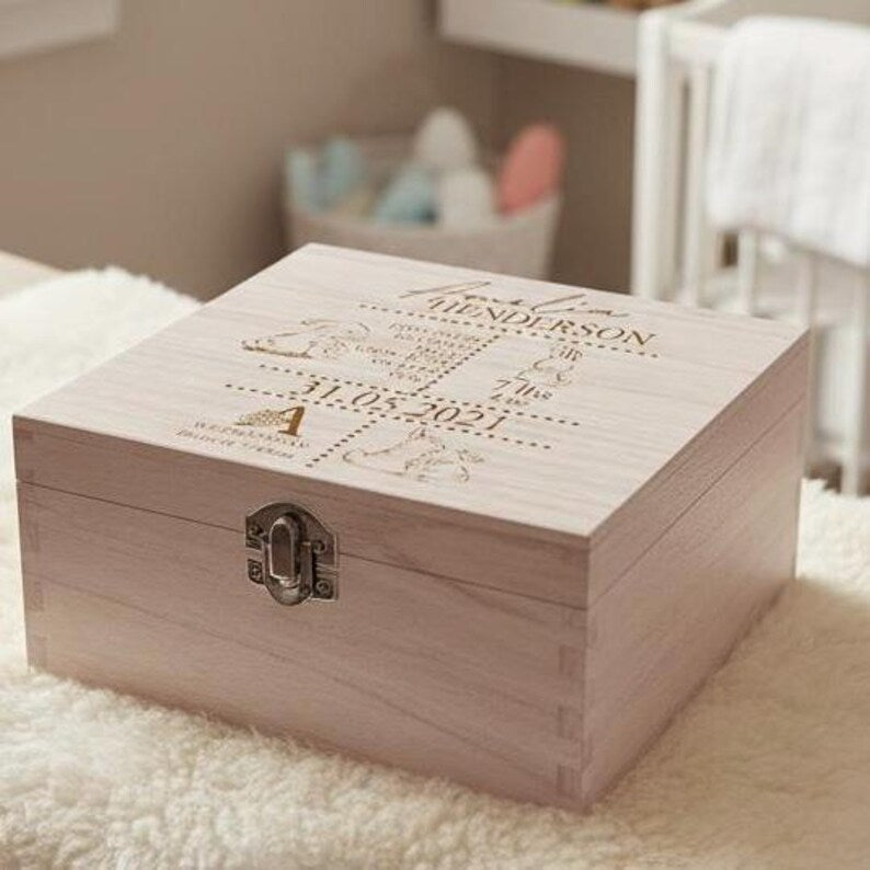 Personalised baby Wooden Memory Box Gift With birth Details