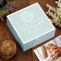 Personalised First Communion Keepsake Box Gift For Boys and Girls With IHS Symbol