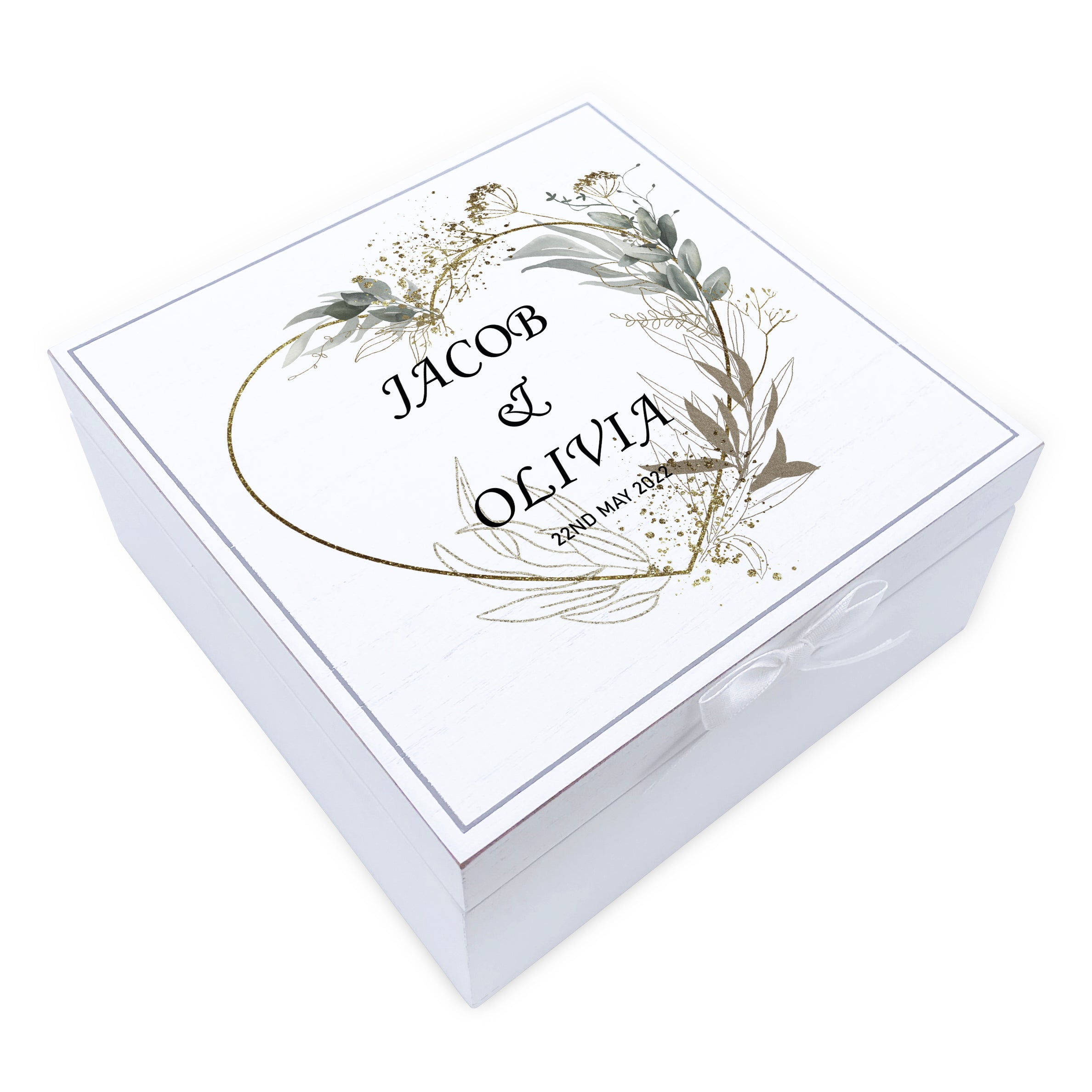 Personalised Wedding Day Vintage Wooden Keepsake Box Gift With Gold & Grey Heart Print
