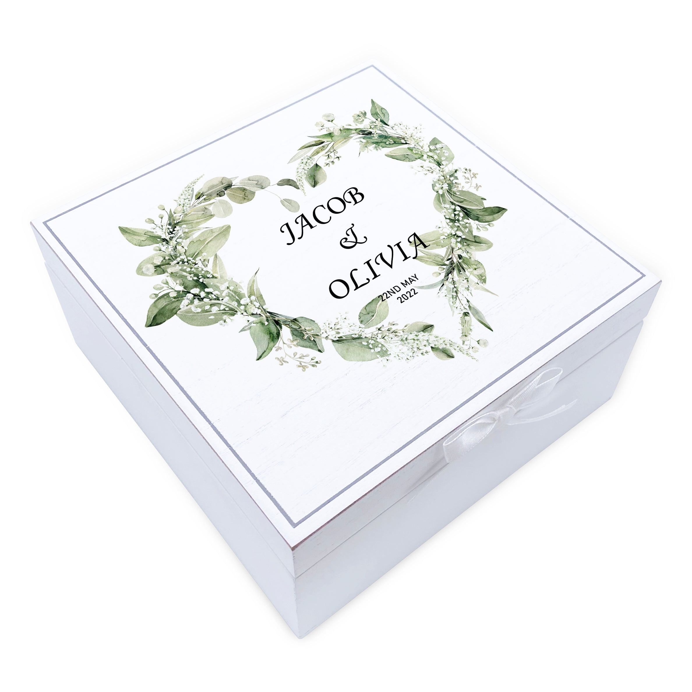 Personalised Wedding Day Vintage Wooden Keepsake Box Gift With Floral Wreath Heart Print