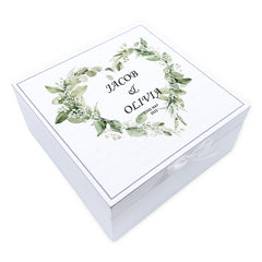 Personalised Wedding Day Vintage Wooden Keepsake Box Gift With Floral Wreath Heart Print