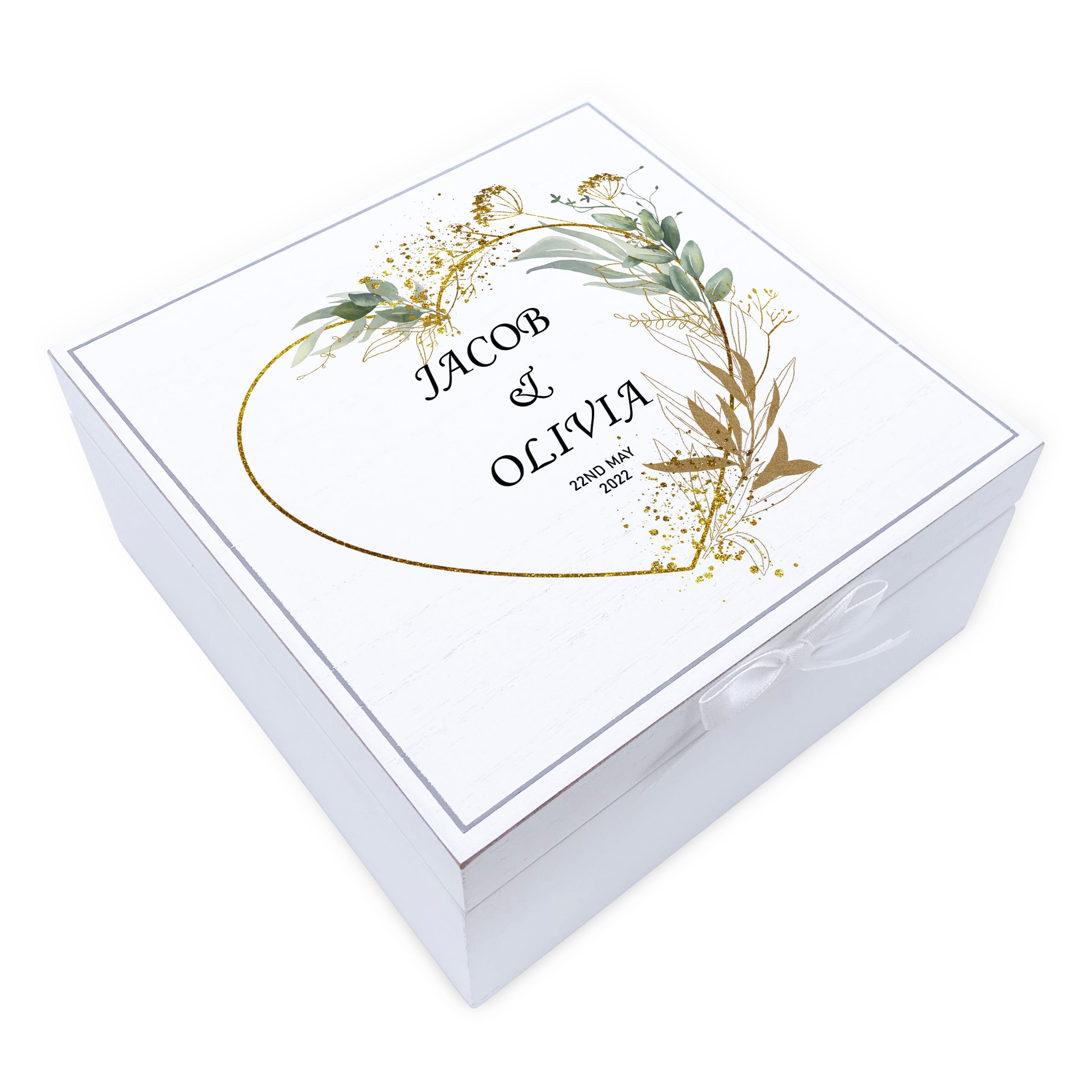Personalised Wedding Day Vintage Wooden Keepsake Box Gift With Gold Green Heart Print