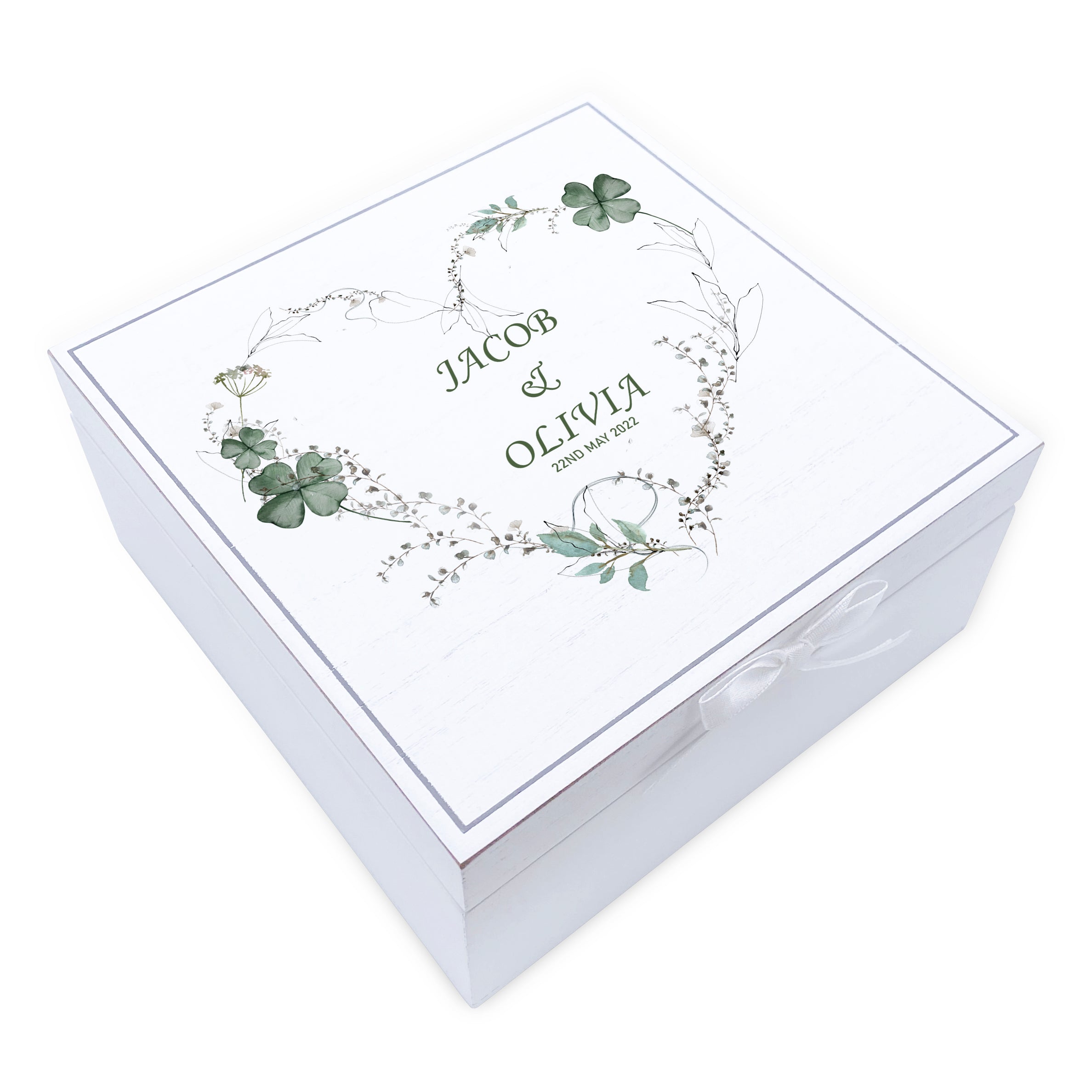 Personalised Wedding Day Vintage Wooden Keepsake Box Gift With Green Clover Heart Print