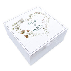 Personalised Wedding Day Vintage Wooden Keepsake Box Gift With Dusty Watercolour Floral Heart Print