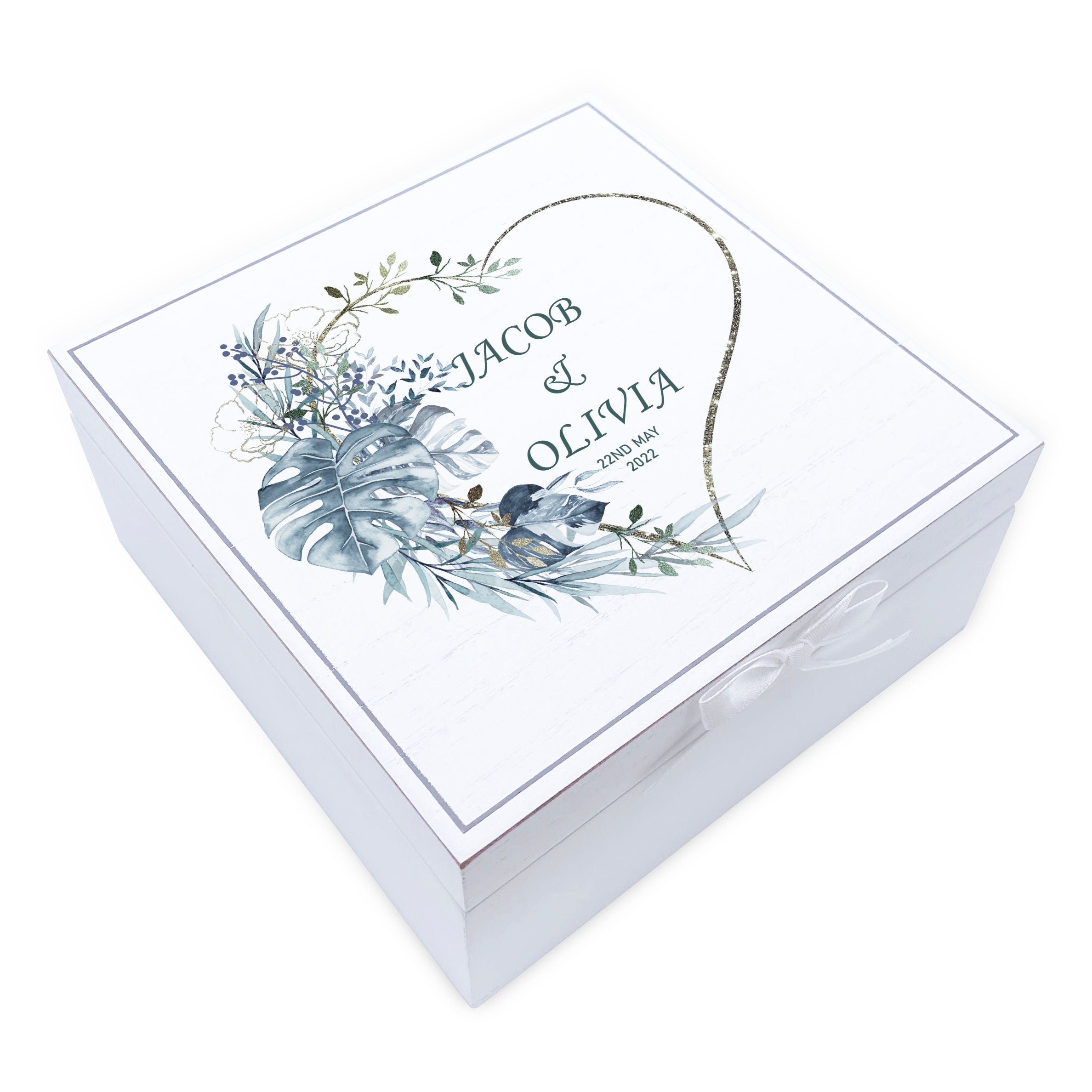 Personalised Wedding Day Vintage Wooden Keepsake Box Gift With Blue Palms Heart Print