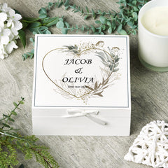 Personalised Wedding Day Vintage Wooden Keepsake Box Gift With Gold & Grey Heart Print